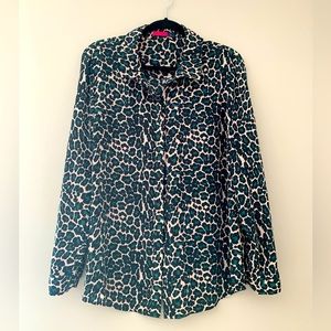 Green leopard long sleeve button down blouse